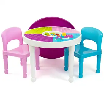 Gyerekek 2-in-1 Műanyag Tevékenység Asztal, 2 Szék Készlet, Kerek, Fehér, Kék & Rózsaszín