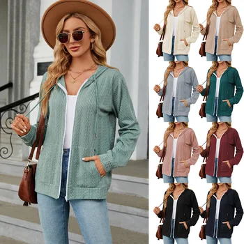 Kabátok Női 2023 Őszi/Téli Új Cipzáras Kapucnis Zsinórral Kötött Kabát Női egyszínű Slim Női Kabát