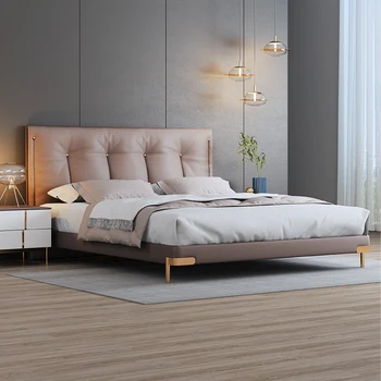 Olasz rendkívül egyszerű bőr ágy egyszerű, világos luxus esküvői ágy tömör fa high-end puha táska queen-size méretű ággyal