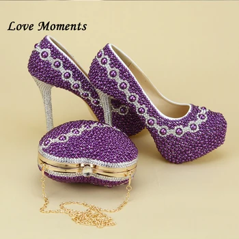 Szerelmes Pillanatokat Lila Gyöngy, cipő, táskák, hogy megfeleljen a nő cipő megfelelő táskák szív esküvői magas sarkú női Szivattyúk cipő