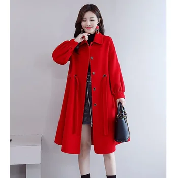 Új Piros Gyapjú Kabát Kabát Női Gyapjú Felöltő 2023 Közepes hosszúságú Gyapjú Széldzseki Női Őszi Téli Gyapjú Outcoat