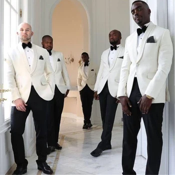 2 Darab Ivory Esküvői Szmoking, a Násznagyok a Kendő Hajtóka Egyéni Férfi Öltönyök Meghatározott Kabát, Fekete Nadrág, Férfi Divat Ruhák