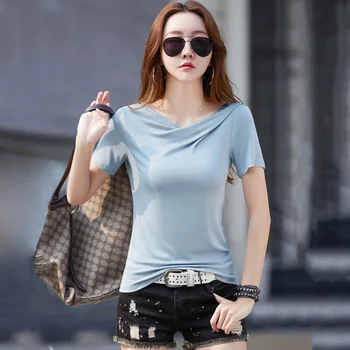 A nők Modális póló Nyári Új Divat Redők Slash Nyakú Rövid Ujjú Aszimmetrikus Slim Pólók Felsők Hétköznapi Egyszerűség Basic póló
