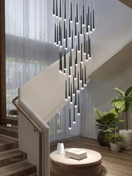 Fekete Lépcső Csillár Egyszerű, Világos Luxus Hosszú Csillár Duplex Villa Épület Tetőtéri Lakás Lépcsőház Forgó Csillár