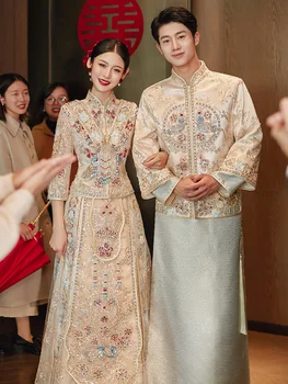 Hagyományos Ruházat Női Pezsgő Xiuhe Menyasszony, Esküvői Ruha Eleganct Arany Kínai Felső Pirítós Set Női Vőlegény Tang Öltöny