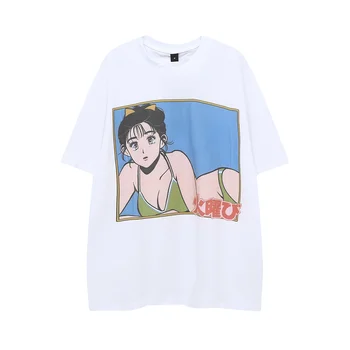 Harajuku Japán Anime Lány Nyomtatás Férfi Póló Manga Grafikus Rövid Ujjú póló Unisex Streetwear Laza Y2k Ruhák Felsők Pólók