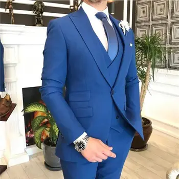 Értékes kék férfi öltöny Slim illő vőlegény Frakk esküvői tánc formális ruha (kabát+nadrág+mellény)