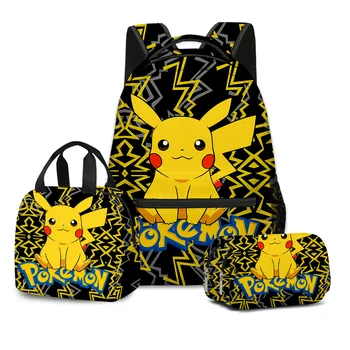 Új pikachu divat trend laza, kényelmes diák iskolatáska hátizsák ebéd táska, tolltartó, három részes szett